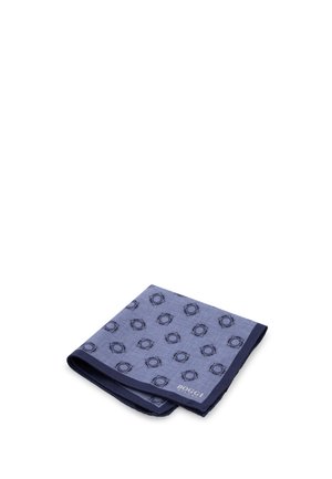 Folded blue pocket square with dark blue geometric pattern and a dark blue border, branded with the word "DOGGI" on one corner.