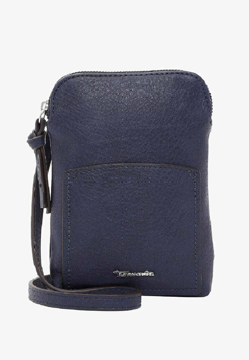 Bolso bandolera de cuero azul marino con superficie texturizada, cierre con cremallera, correa ajustable y un bolsillo frontal para mayor almacenamiento.