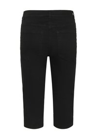 Schwarze, mittel-lange Hose mit Gesäßtaschen, Gürtelschlaufen und geradem Schnitt, von hinten auf weißem Hintergrund gezeigt.