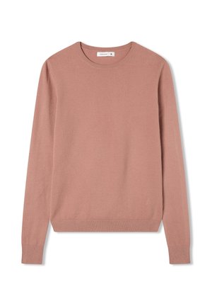 Maglione lavorato a maglia rosa chiaro con maniche lunghe, scollatura rotonda e orlo a coste. Realizzato in un tessuto morbido e liscio. Senza motivi o particolari distintivi.