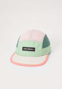 Multicolored cap featuring a mix of pink, green, and teal panels, with a cream brim and a black logo patch on the front.