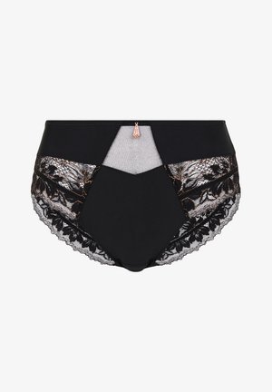 Zwarte hoge taille ondergoed met doorschijnende kanten zijkanten, bloemmotieven en een rozenkleurige accent aan de voorkant. Zachte, gladde stoftextuur.