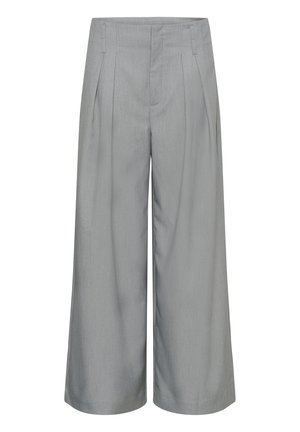 Lichtgrijze wijde broek met plooien aan de voorkant, riemlussen en een ritssluiting aan de voorkant.