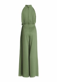 Combinaison sans manches vert olive à jambes larges avec col montant et corsage froncé, fermeture à glissière au dos et taille cintrée.