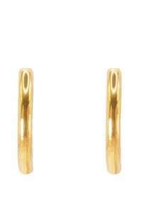 Goldene Creolen mit einer glatten, reflektierenden Oberfläche, die ein abgerundetes Design und eine durchgehende Schlaufenform aufweisen. Keine sichtbaren Befestigungen oder Akzente.