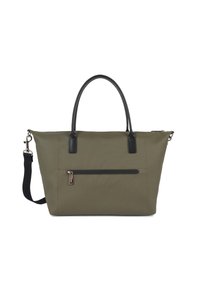 Borsa a spalla verde oliva con manici neri, dotata di tasca anteriore con zip, texture liscia e tracolla regolabile.