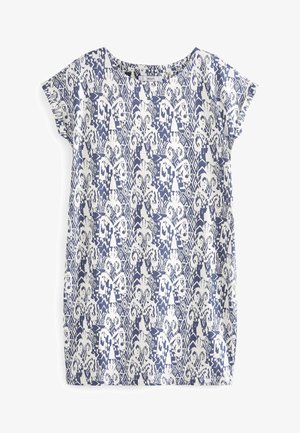 Sukienka z krótkim rękawem, lekka, w kolorze granatowym i kremowym. Posiada geometryczny i kwiatowy wzór, luźny, swobodny krój oraz okrągły dekolt.