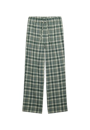 Pantalones holgados de cuadros verdes y blancos, con cintura elástica y cordón, mostrados extendidos sobre un fondo blanco.
