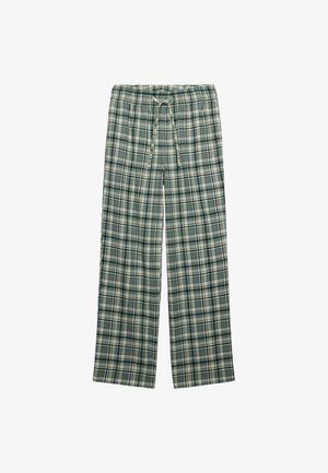 Pantalones holgados de cuadros verdes y blancos, con cintura elástica y cordón, mostrados extendidos sobre un fondo blanco.