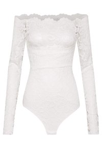 Bodystocking koronkowe w białym kolorze z off-the-shoulder, długimi rękawami i kwiatowymi wzorami. Zawiera falbany na brzegach i dopasowany krój.