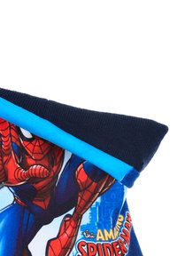 Blue fleece fabric featuring a Spider-Man graphic, dark blue cuffs, and a smooth texture with vibrant red and blue colors.