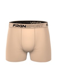 Boxer-briefs beiges avec une taille élastique noire arborant "FRGNSPORT" en lettres majuscules. Texture lisse, design ajusté, longueur mi-cuisse.