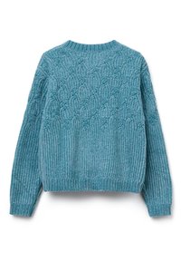 Niepowtarzalny niebieski sweter z dzianiny o teksturowanej powierzchni, z okrągłym dekoltem, z panelem w warkocz na górze oraz ściągaczem na hemie i rękawach.