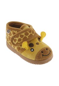 Zoccoli a tema giraffa, gialli e marroni, con texture in pile morbido, cinturino in velcro e ricami per il sorriso, gli occhi e le orecchie.