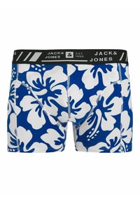 Blue and white boxer shorts featuring a hibiscus flower pattern, elastic waistband with branding, and stitched detailing.