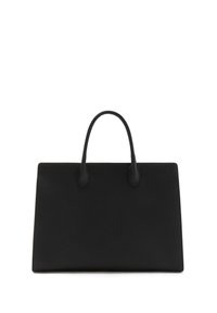 Schwarze Lederhandtasche mit einer strukturierten rechteckigen Form, nahtlosem Design, zwei stabilen Griffen und einer strukturierten Oberfläche. Keine sichtbaren Beschläge.