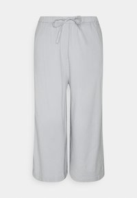 Pantalons courts gris clair avec une taille élastique et un cordon de serrage. Fabriqués en tissu doux, présentant un design à jambe droite et sans motifs supplémentaires.