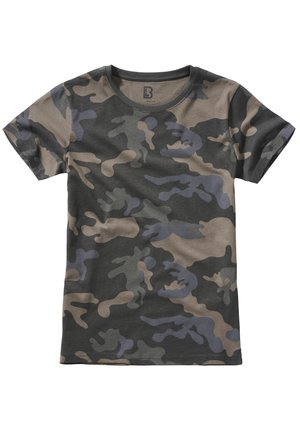 Camouflage t-shirt made of soft cotton; features green, brown, and gray patterns; short sleeves, crew neckline, and smooth texture.