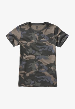 Camouflage t-shirt made of soft cotton; features green, brown, and gray patterns; short sleeves, crew neckline, and smooth texture.