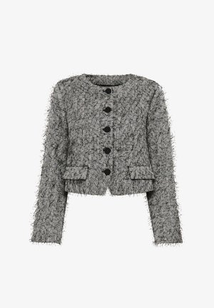 Textured cropped jacket in black and white houndstooth pattern. Features round neck, five front buttons, and faux fur trim along sleeves.