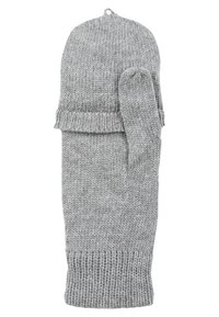 Grau gestricktes Handschuh- und Mützenset mit umgeschlagenem Saum, ausgestattet mit einer Schlaufe zum Aufhängen. Weiche Textur und gemütliches Design, das sich für kaltes Wetter eignet.