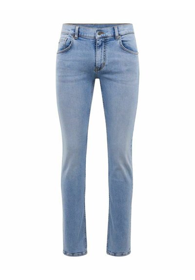 Lichtblauwe denim jeans met een slim fit, vijf zakken en een rechte pijp. Voorzien van een rits en riemlussen. Zachte textuur.
