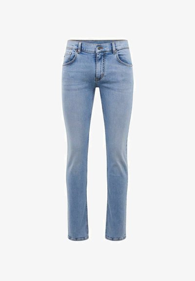 Ανοιχτό μπλε τζιν παντελόνι με στενή εφαρμογή, πέντε τσέπες και ευθεία γραμμή. Διαθέτει φερμουάρ και θήκες για ζώνη. Μαλακή υφή.