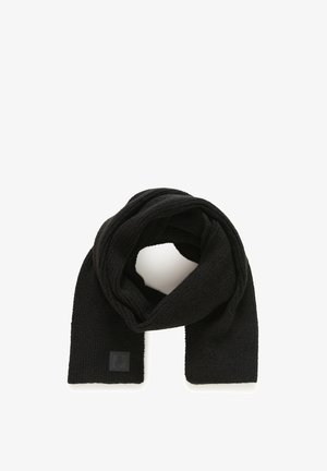 Mustaline lõngas sall, millel on tekstureeritud viimistlus, ristkülikuline kuju ja väike logo silt ühel otsal. Kerge ja mitmekülgne.