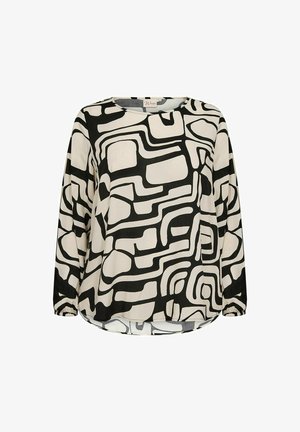 Zwarte en crèmekleurige blouse met abstracte geometrische patronen, lange mouwen, een ronde halslijn en een licht gebogen zoom.