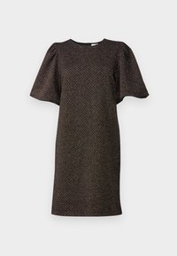 Vestido de mangas curtas em tecido castanho escuro com um padrão texturizado. Apresenta um decote redondo e mangas bufantes subtis para um volume adicional.