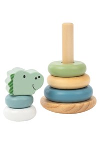 Wooden stacking toy with five rings in various colors (green, beige, blue, white) and a dinosaur-shaped top piece. Smooth texture, round shapes.
