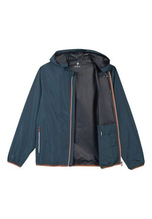 Marineblauwe gewatteerde jas met capuchon, ritssluiting aan de voorkant, elastische manchetten, zijzakken en contrasterende voering, getoond in open positie.