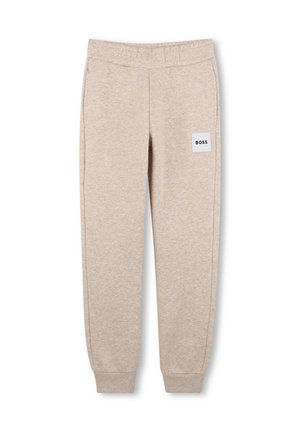 Pantalon de survêtement beige avec ceinture et poignets élastiques, poches latérales, et un patch carré blanc avec le texte "BOSS" sur la partie supérieure de la jambe gauche.