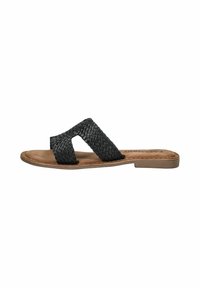 Sandalias deslizantes de cuero trenzado negro con dos correas superpuestas, plantilla acolchada color marrón claro y una suela delgada de goma marrón.