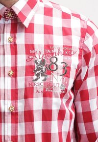 Camicia a quadri rossi e bianchi con colletto a bottoni, caratterizzata da testo ricamato e un logo. Realizzata in tessuto con una texture liscia.