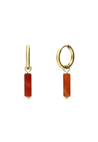 Gouden ringoorbellen met een verticale rood-oranje stenen hanger met een gladde textuur. Eenvoudig ontwerp met een gepolijste afwerking.