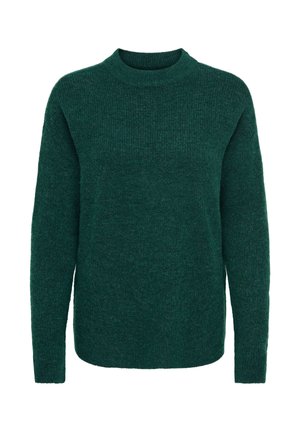 Zaļš ribots adīts džemperis ar garām piedurknēm un apaļu izgriezumu. Mīksta tekstūra, brīvs piegriezums, bez aizdares vai rotājumiem.