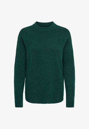 Zelený žebrovaný pletený svetr s dlouhými rukávy a kulatým výstřihem. Měkká textura, volný střih, bez zapínání a ozdob.