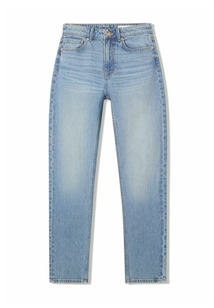 Lichtblauwe hoge taille rechte jeans met voorzakken, knoopsluiting en vervaagde details op de dijen en knieën.
