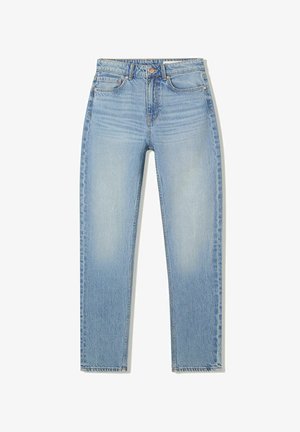 Lichtblauwe hoge taille rechte jeans met voorzakken, knoopsluiting en vervaagde details op de dijen en knieën.