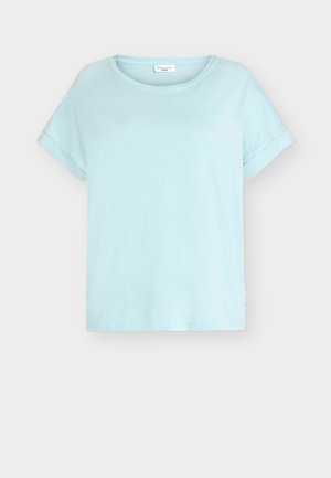 Light blue short-sleeve cotton t-shirt with rolled cuffs and a round neckline on a plain light background.