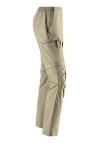 Lightweight, khaki cargo pants with an elastic waistband, multiple pockets, and a zippered side pocket; featuring a smooth, slightly textured fabric.