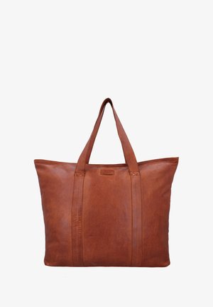 pruun nahast kott kahe kandega, sile tekstuur, ristküliku kuju, millel on vertikaalne õmblus ja logo silt esiküljel.