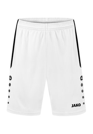 Shorts de sport blancs avec une ceinture élastique noire, des bandes latérales noires et des accents ronds sur le côté gauche. Logo "JAKO" en noir.