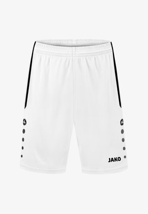 Weiße Sportshorts mit einem schwarzen elastischen Bund, schwarzen Seitenstreifen und kreisförmigen Akzenten auf der linken Seite. "JAKO"-Logo in Schwarz.