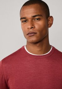 Mladý muž s krátkými vlasy, oblečený v červeném svetru přes bílou košili, hledící přímo před sebe s neutrálním výrazem na pozadí bez vzoru.