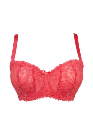 Red lace balconette bra with adjustable straps and a small decorative bow with a ring in the center front.