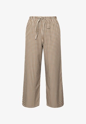 Braun-weiße Gingham-Hose mit weitem Bein, elastischem Bund und Bindegürtel, legerer Stil.