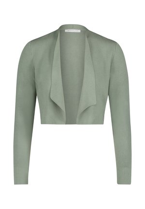 Grüner, kurz geschnittener Cardigan mit langen Ärmeln und offenem Vorderteil. Glatter, leichter Stoff mit subtiler Textur und ohne Verschlüsse.
