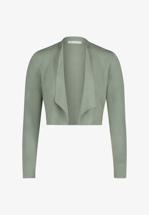 Zielony krótki kardigan z długimi rękawami i otwartym przodem. Gładka, lekka tkanina o delikatnej fakturze, bez zapięć.